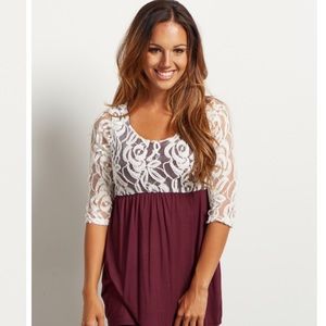 Pinkblush Tops - Pinkblush Burgundy Ivory Lace 3/4 Maternity Top Pinkblush Tops - Pinkblush Burgundy Ivory Lace 3/4 Maternity Top